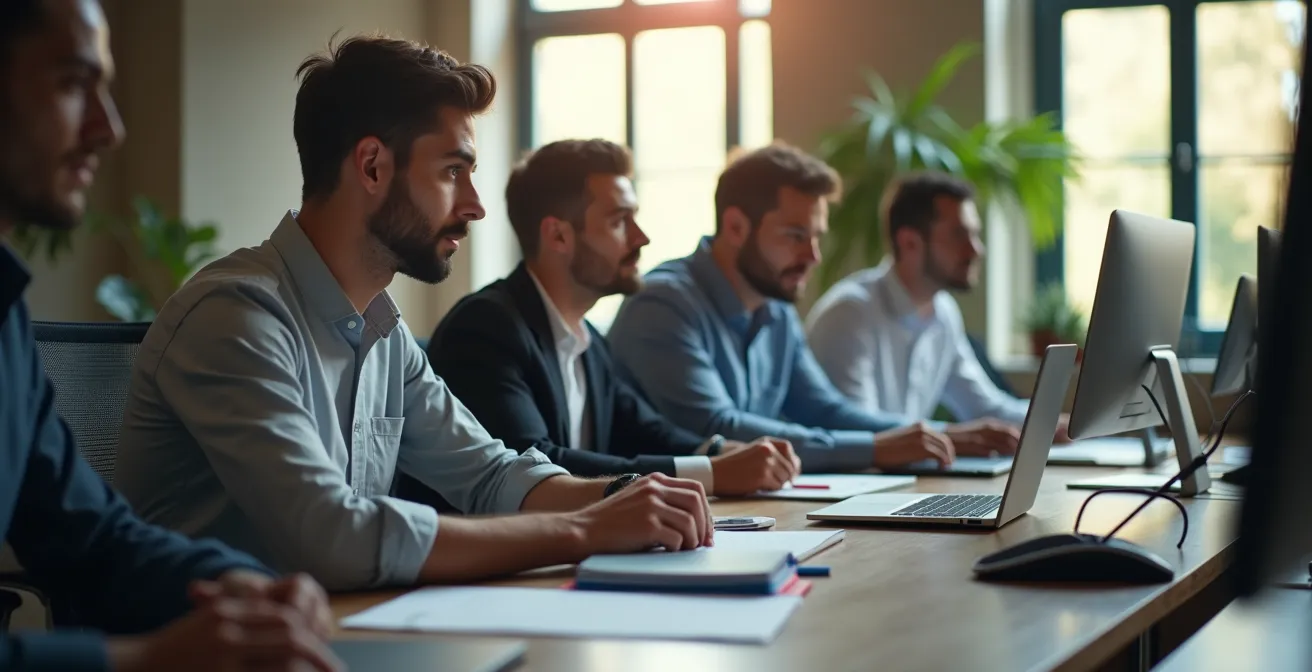 Espace de travail fixe avec entrepreneurs concentrés, ambiance studieuse