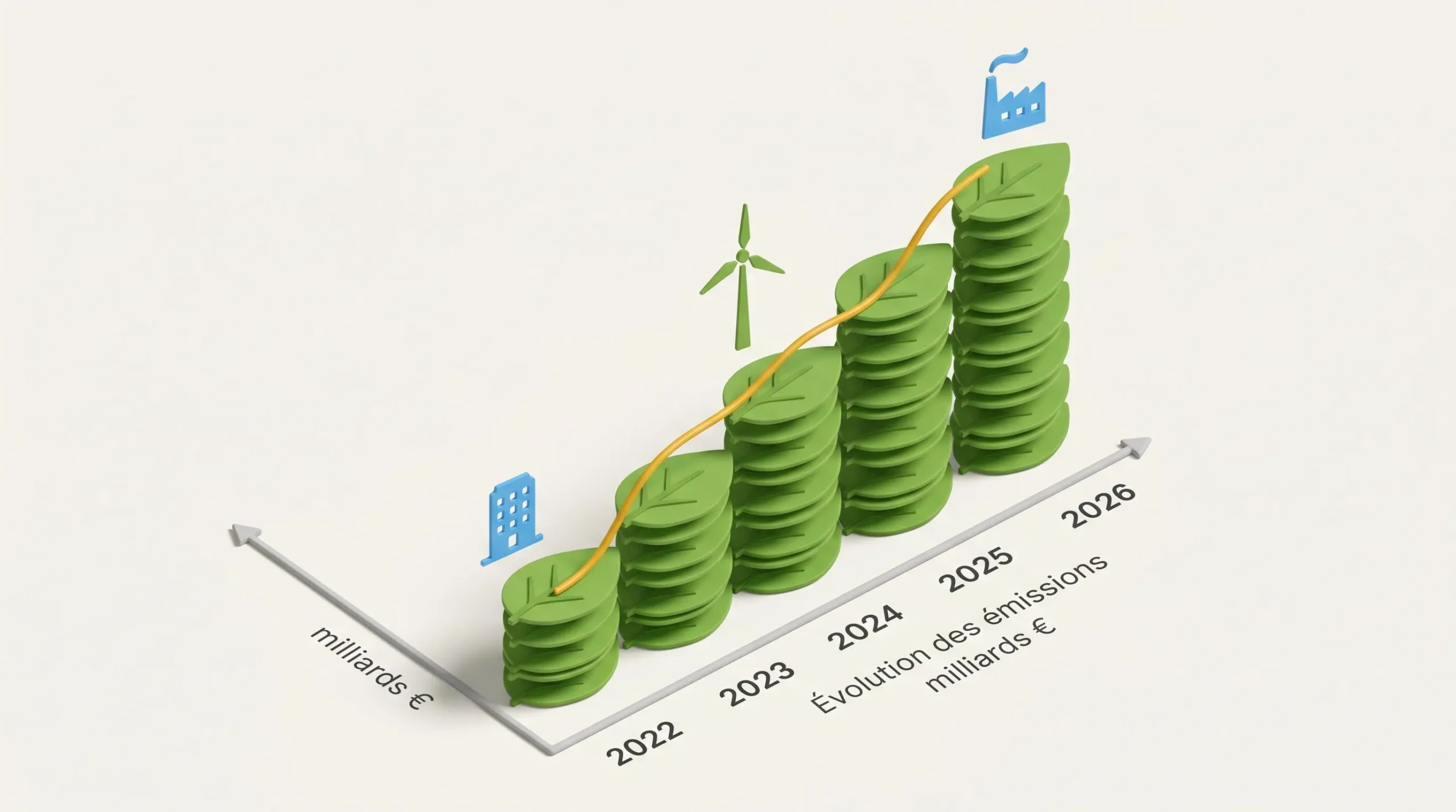 Graphique isométrique en barres croissantes composées de feuilles vertes, montrant l'évolution ascendante des émissions d'obligations vertes de 2022 à 2026 avec courbe de tendance dorée