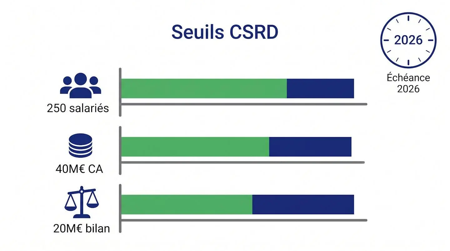 Infographie présentant trois jauges horizontales symbolisant les seuils CSRD (effectif 250 salariés, chiffre d'affaires 40M€, bilan 20M€) avec horloge indiquant l'échéance 2026