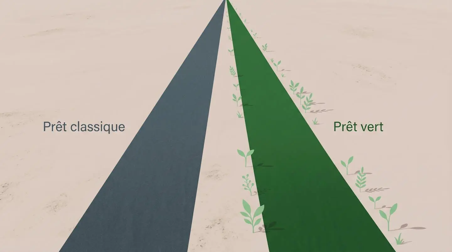 Vue aérienne abstraite de deux chemins parallèles, un gris large représentant le prêt classique et un vert plus étroit avec végétation représentant le prêt vert à coût réduit, convergeant vers un objectif commun